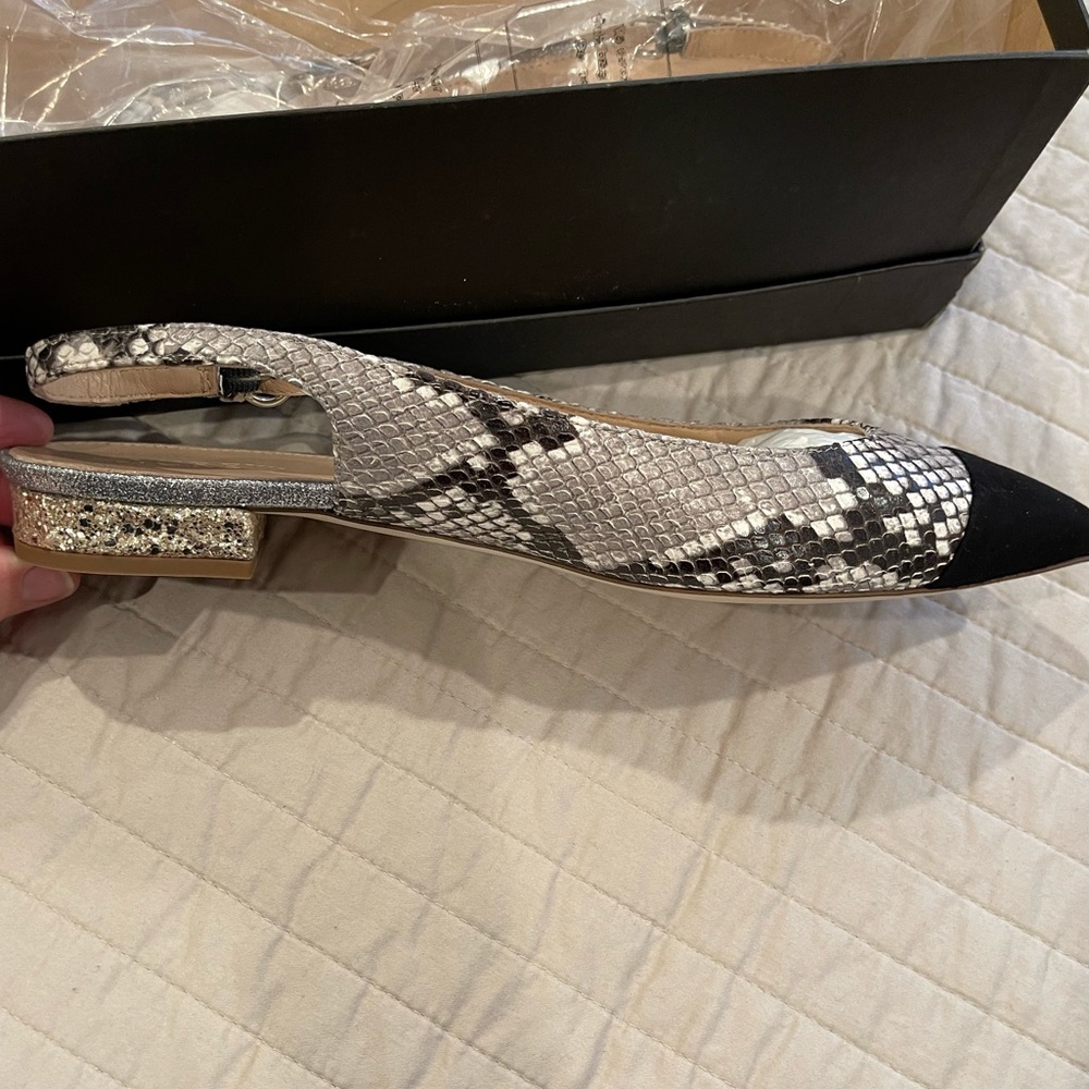 New w/ Box - J. Crew Snakeskin Cap Toe Slingback Flats with Gold Glitter Heel